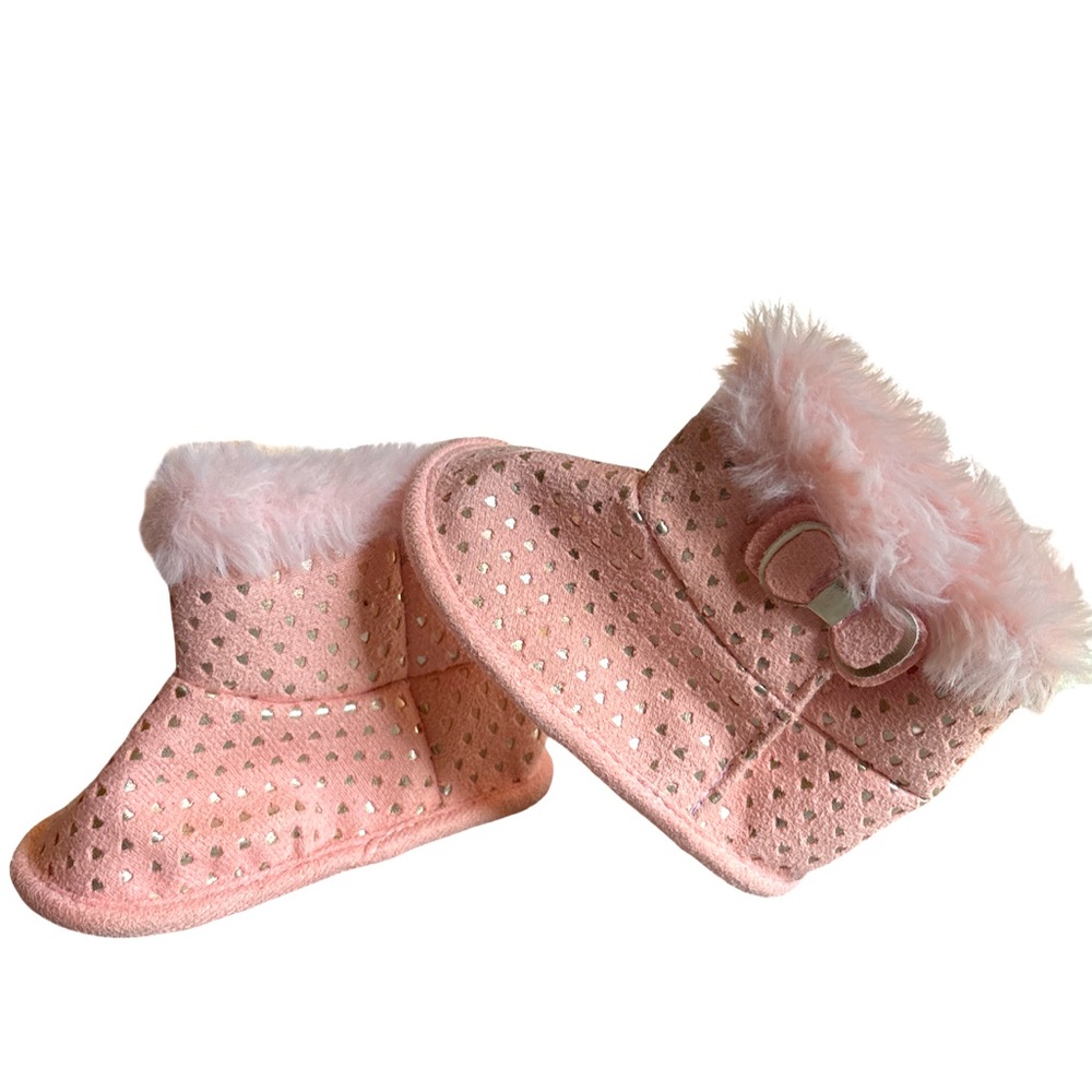 Pink Baby Booties with Sherpa Fur Trim, Size 6-9 Months (3 for $12 item)